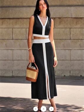 Commense Contrast Trim Crop Top & Split Midi Skirt Set - XL